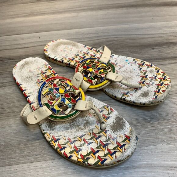 Tory Burch Miller Enamel Thong Sandals Women's Size 8 Multi Color Basketweave - Picture 1 of 10